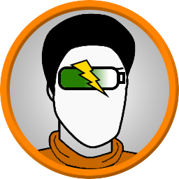 Round orange circle containing cartoon portrait of the author, with a charging battery symbol over the eyes