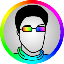 Round rainbow circle containing cartoon portrait of the author